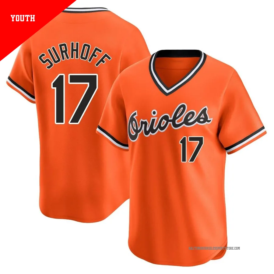 Baltimore Orioles ＃17 Bj Surhoff Youth Orange Limited Cooperstown Collection Jersey