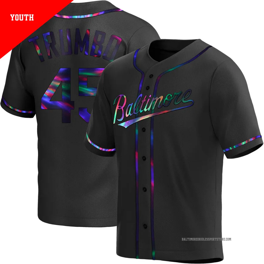 Baltimore Orioles ＃45 Mark Trumbo Youth Black Replica Holographic Alternate Jersey