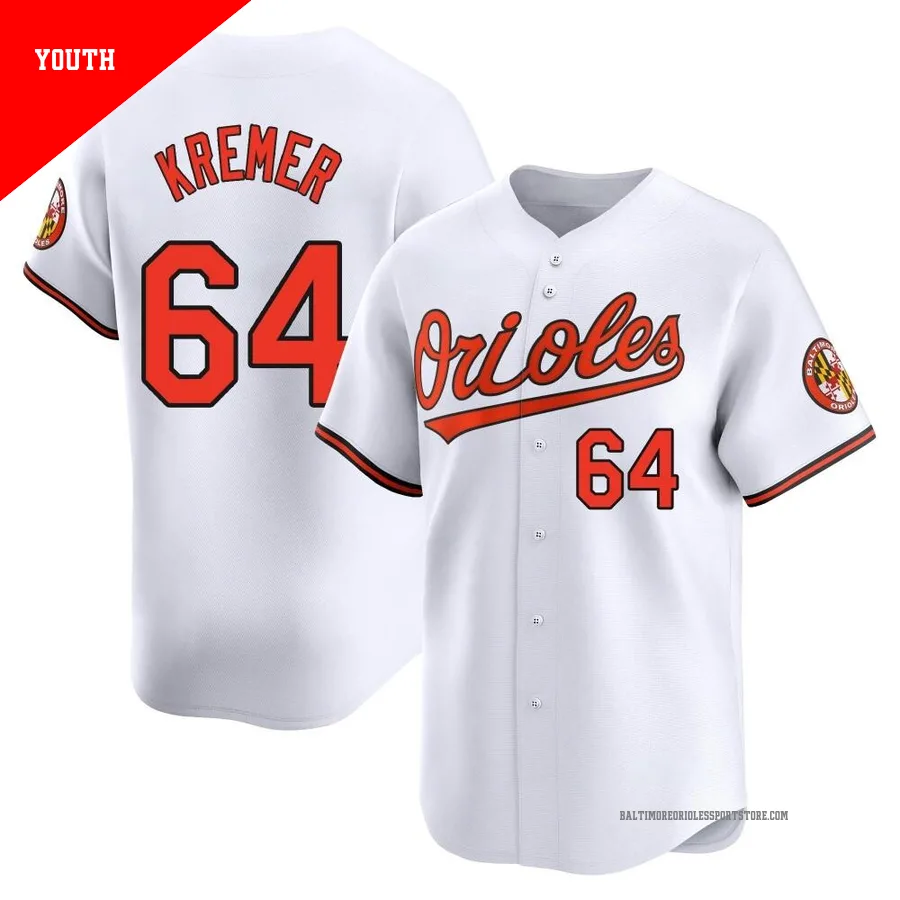 Baltimore Orioles ＃64 Dean Kremer Youth White Limited Home Jersey
